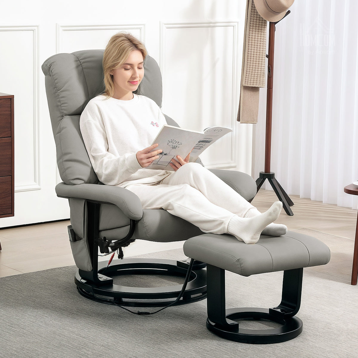 Reclining massage chair, TV chair with side pocket, faux leather, gray (2)