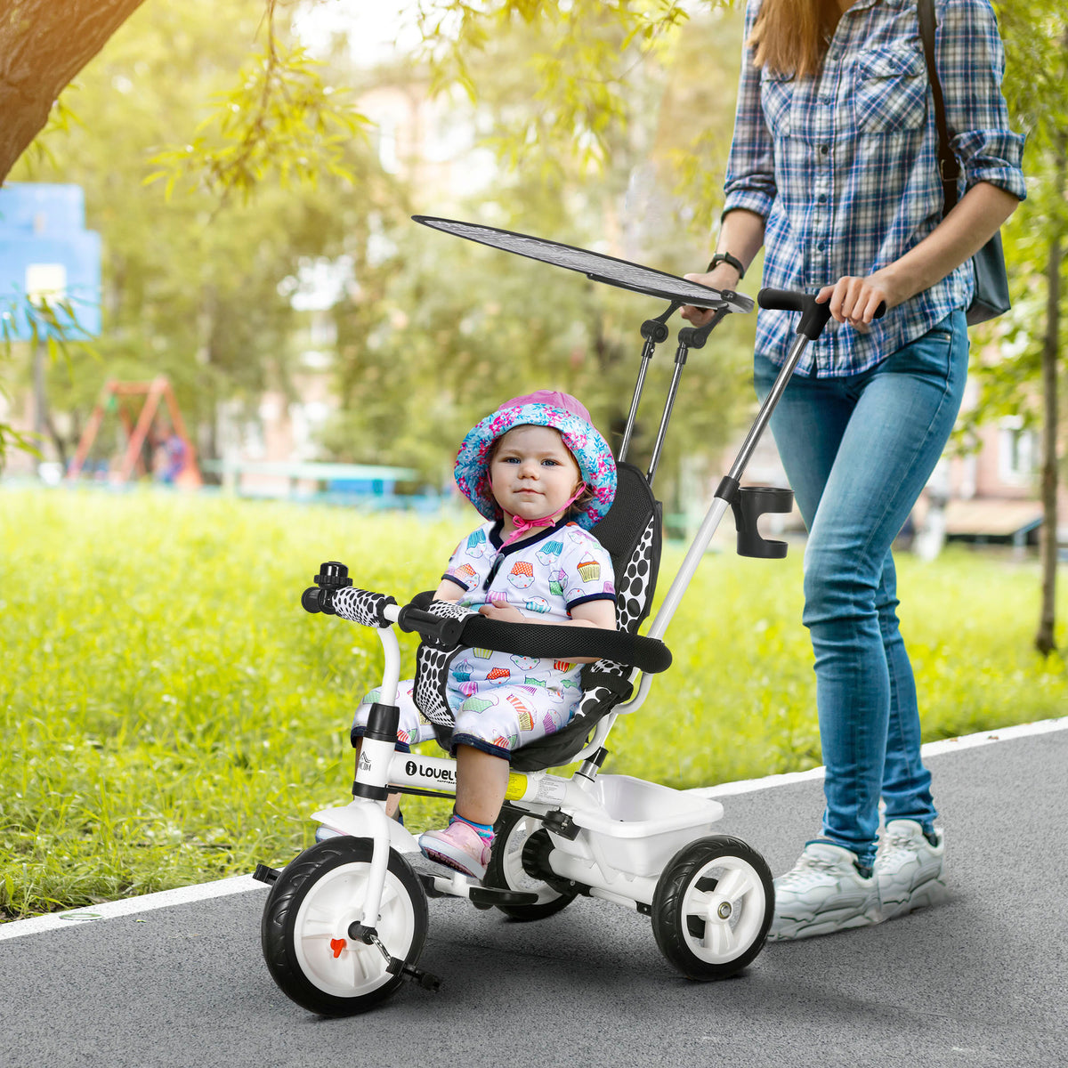 6-in-1 children's tricycle with push handle, canopy, safety belt, storage basket, for 1-5 years, white (2)