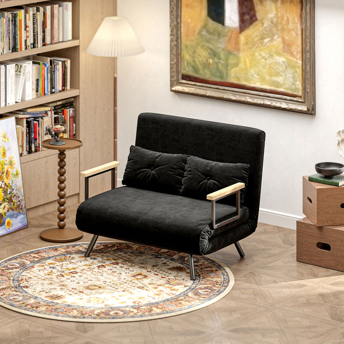 Sofa bed, 2-seater sofa, velvet sofa, sleep function, incl. 2 cushions, velvet look, black (8)