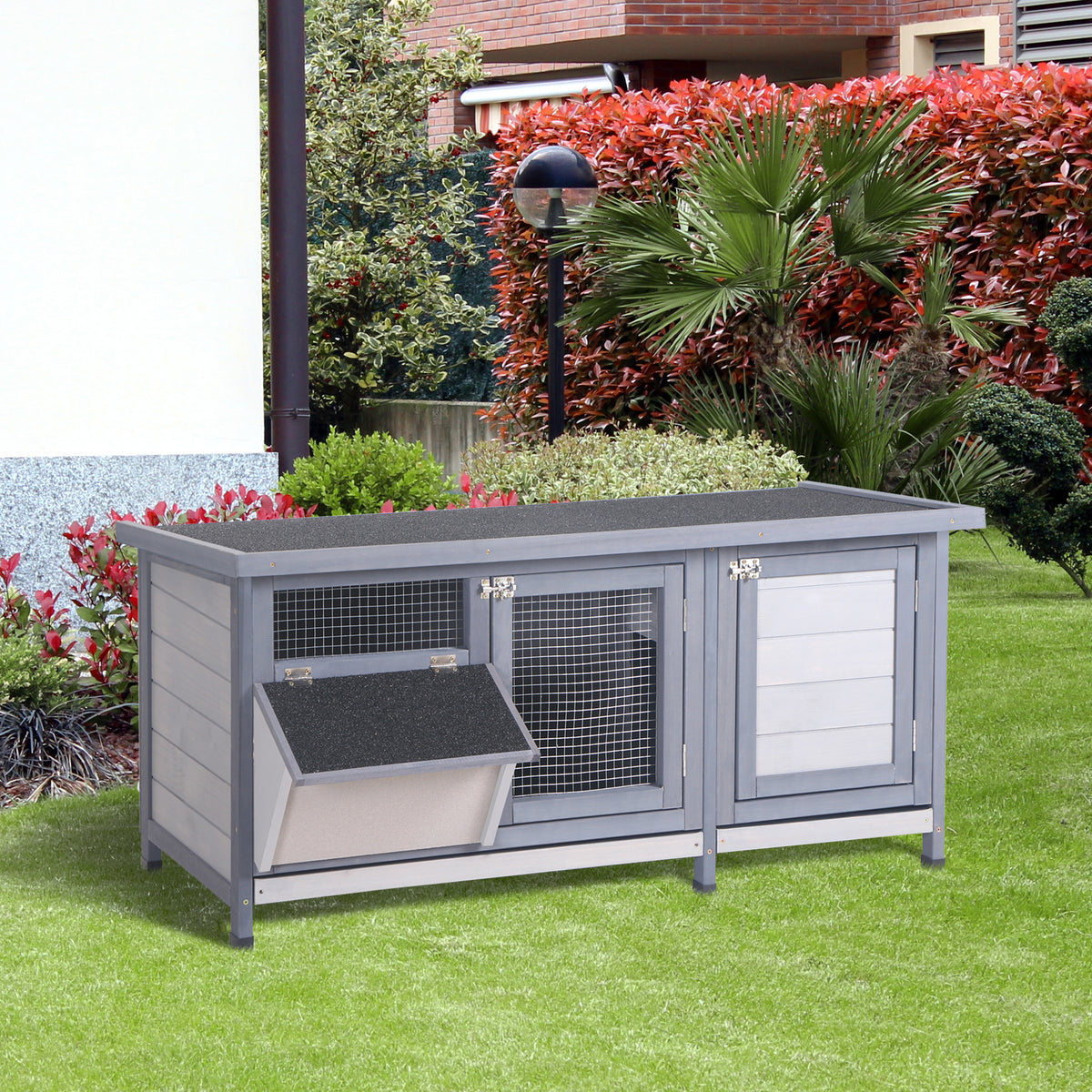 Winterproof wooden rabbit hutch 112x50x54 cm rabbit cage with bitumen roof, 2 doors, metal mesh, rabbit cage for (2)