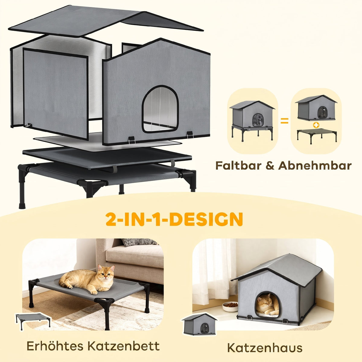 Foldable cat house, cat hut with cushion, elevated water-resistant cat cave 62 x 58.5 x 60 cm, grey (4)