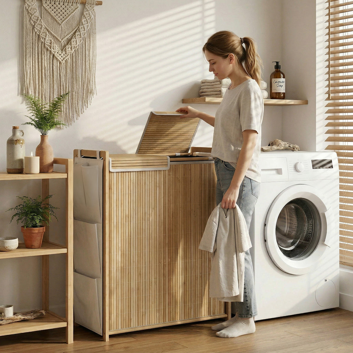 Bamboo laundry hamper with removable drawstring bag and side storage pockets, 120L, natural (2)