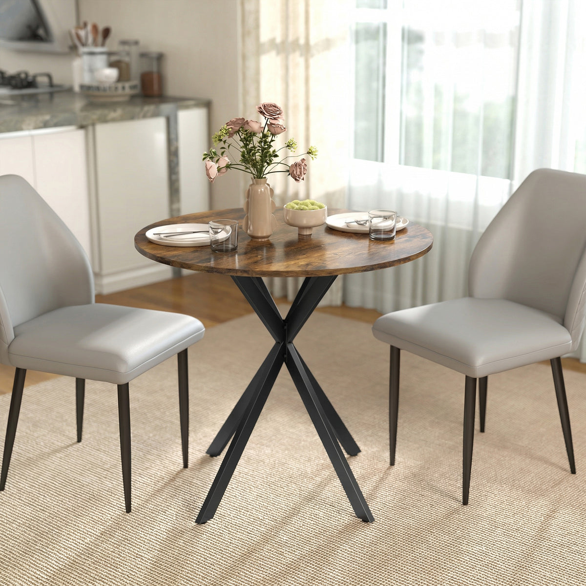 Round kitchen table, 80 cm, compact tabletop, particle board, metal, rustic brown (2)