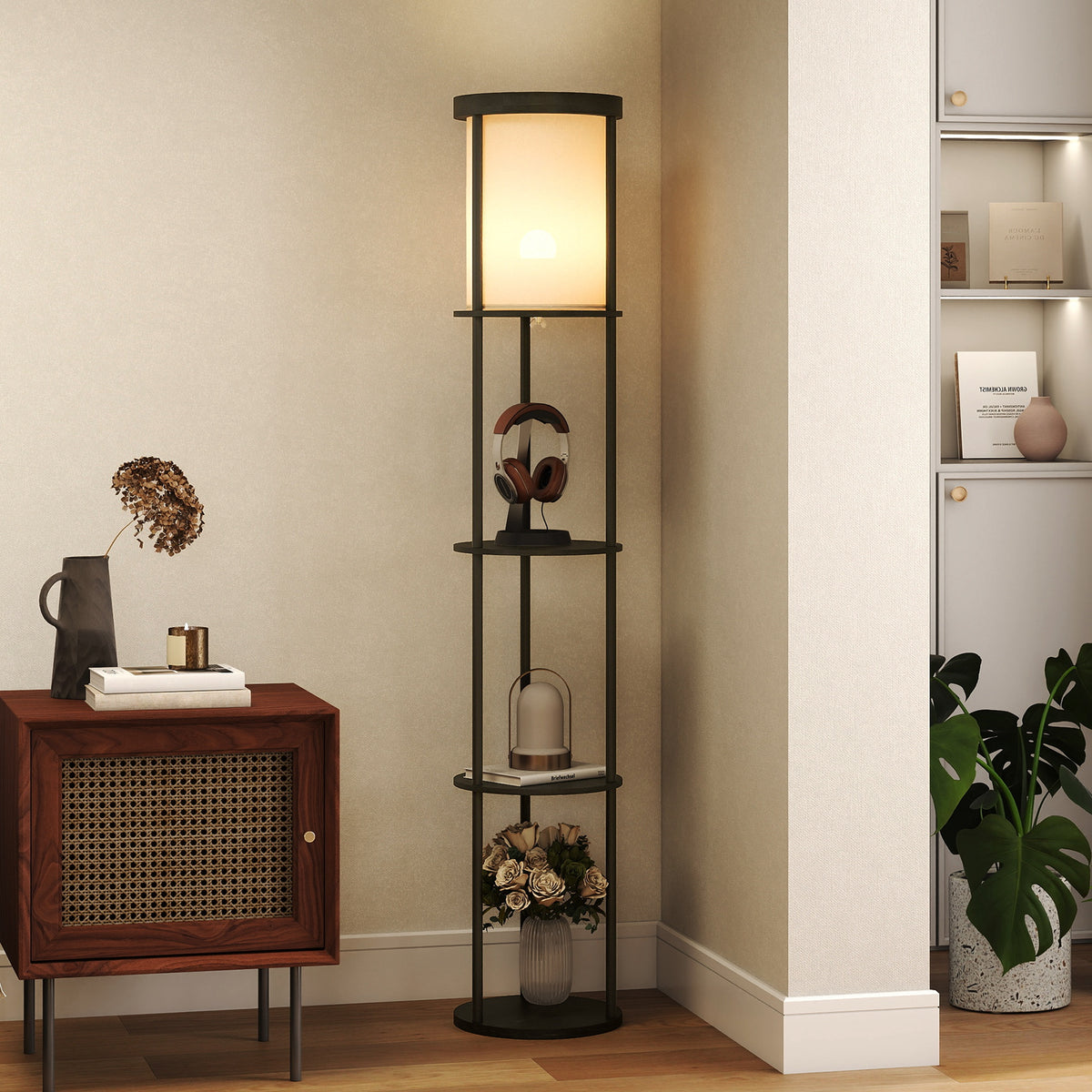 Floor lamp with 3 shelves, round design, remote control, foot switch, adjustable light warmth, for living room (2)