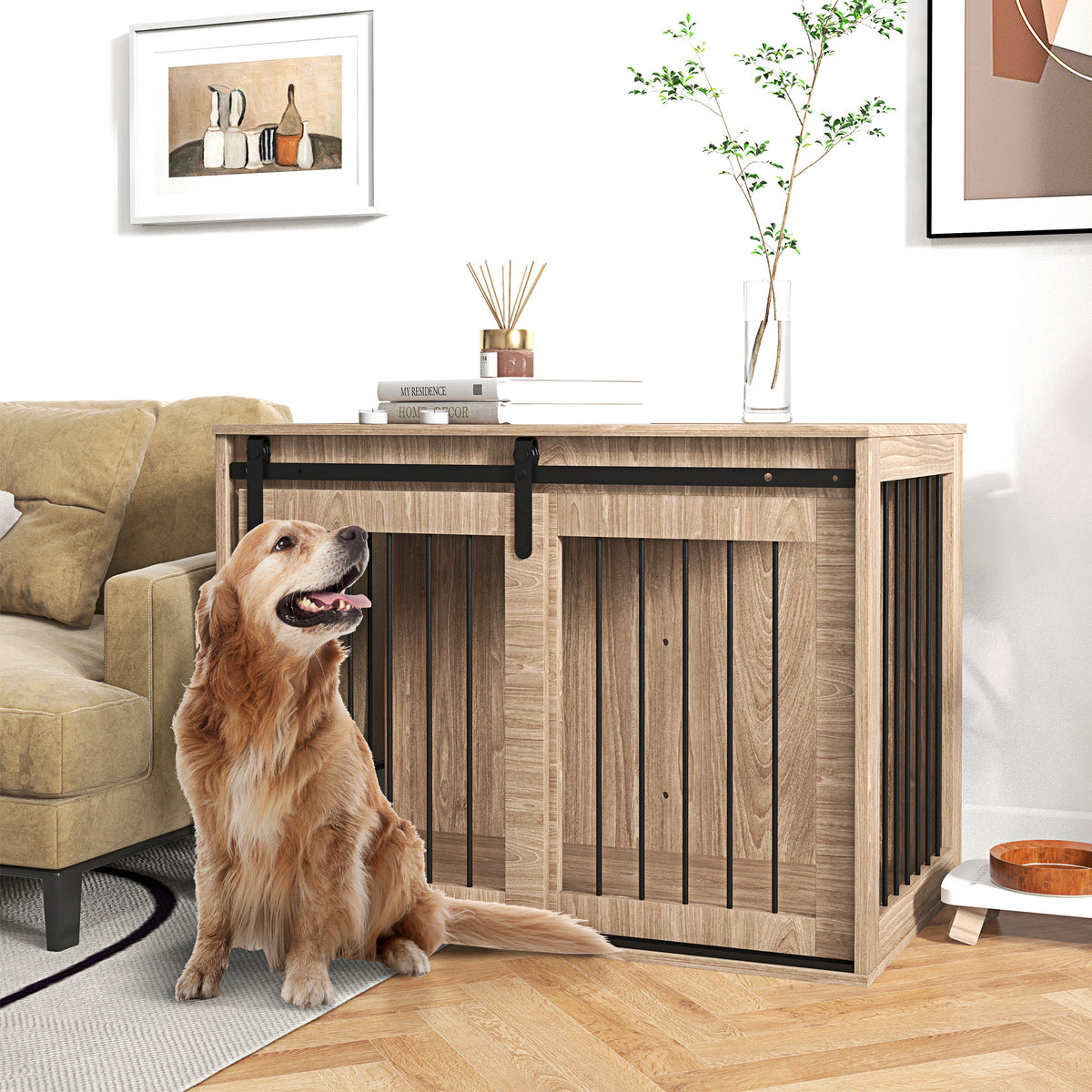 Dog crate, dog cage, lockable, wood look, rustic design, 98 cm x 58 cm x 61 cm, walnut + black (2)