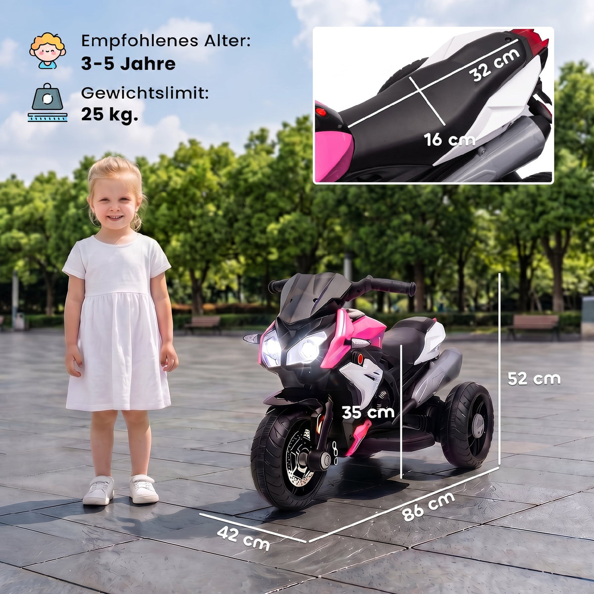 Electric children's motorcycle, lights & sounds, 3 km/h, rechargeable, plastic & metal, pink/white (3)