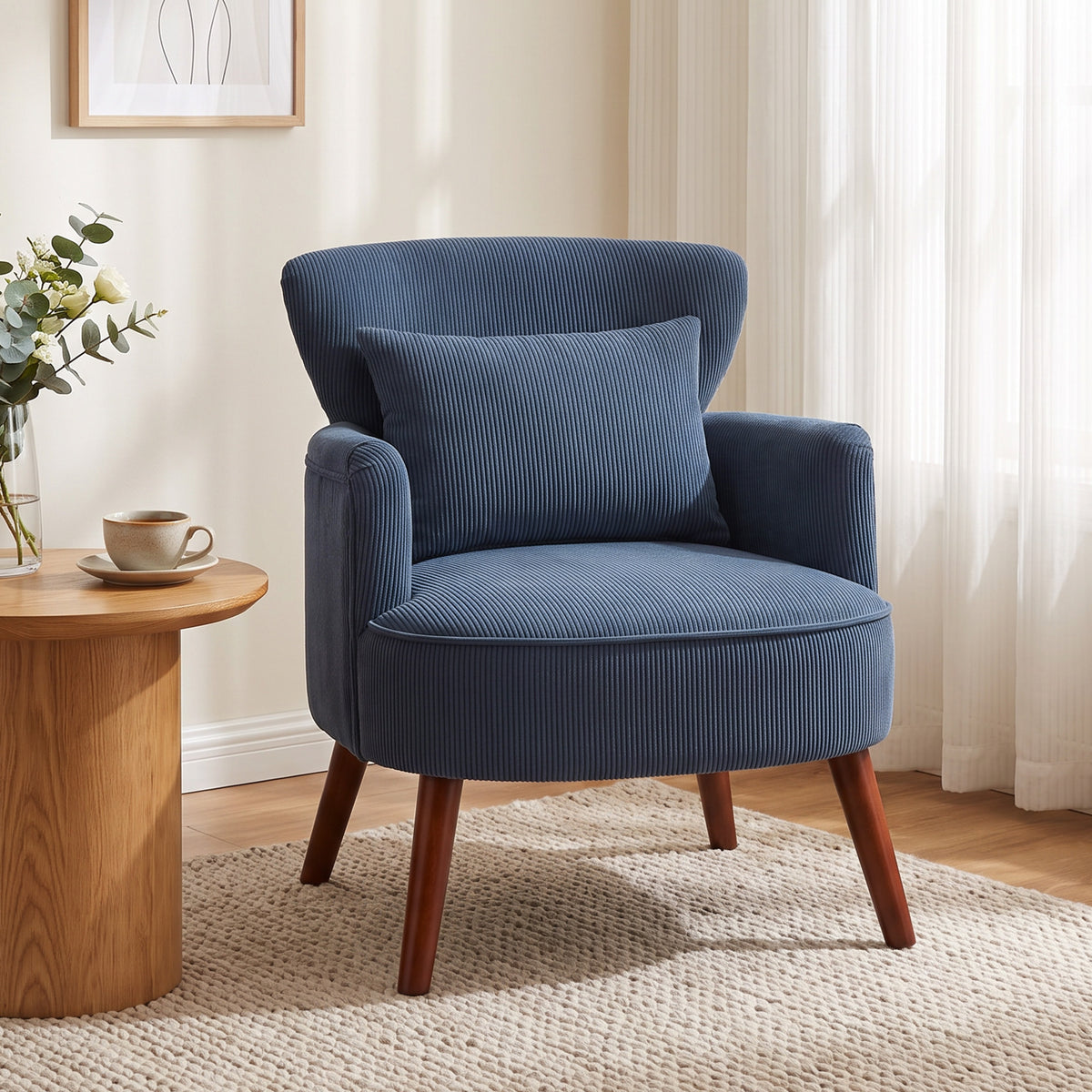 Modern Armchair, Upholstered Accent Chair with Lumbar Pillow, Blue (2)