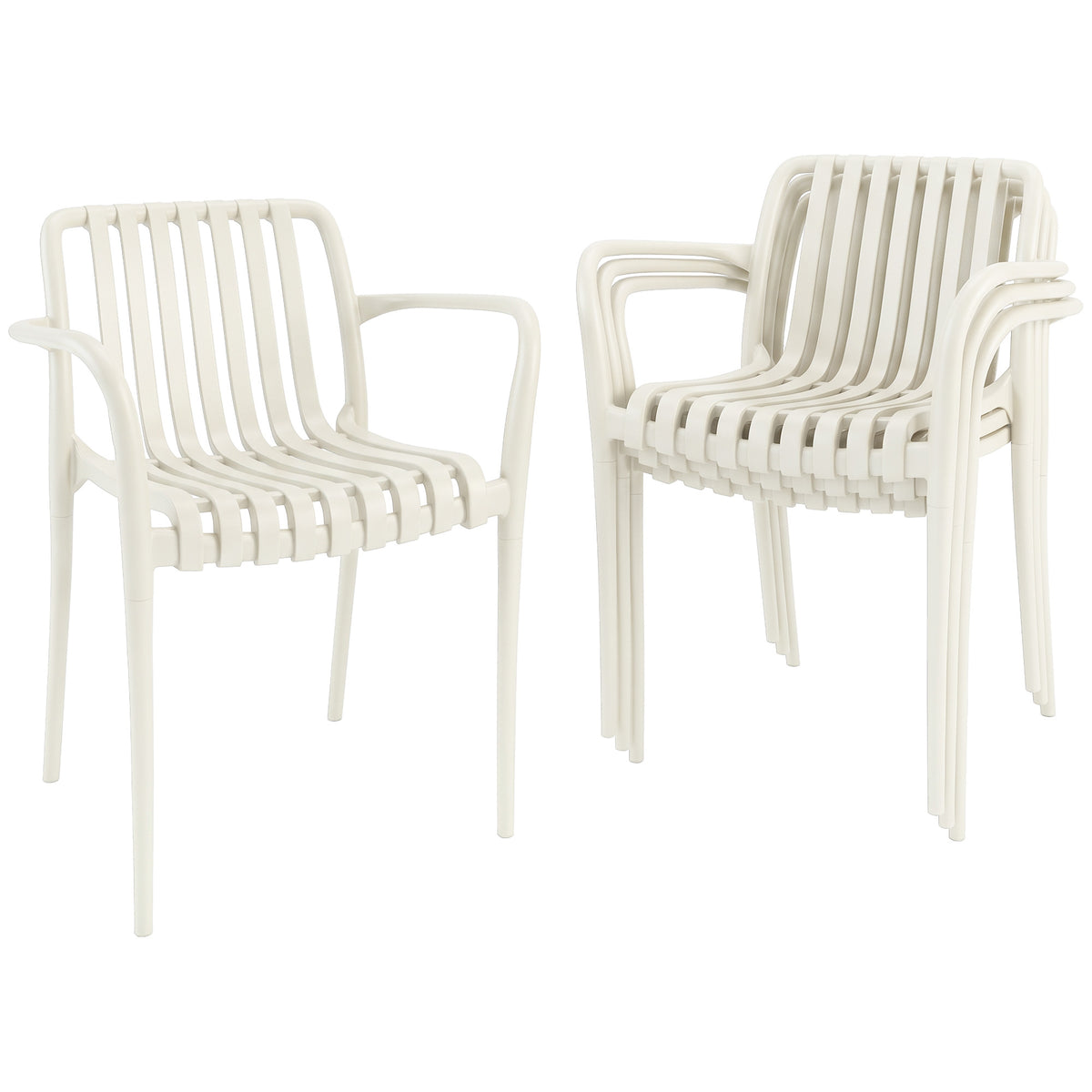 Garden Chairs Set of 4 Stackable Patio Chairs with Slat Design Armrests, Ergonomic Cream White
