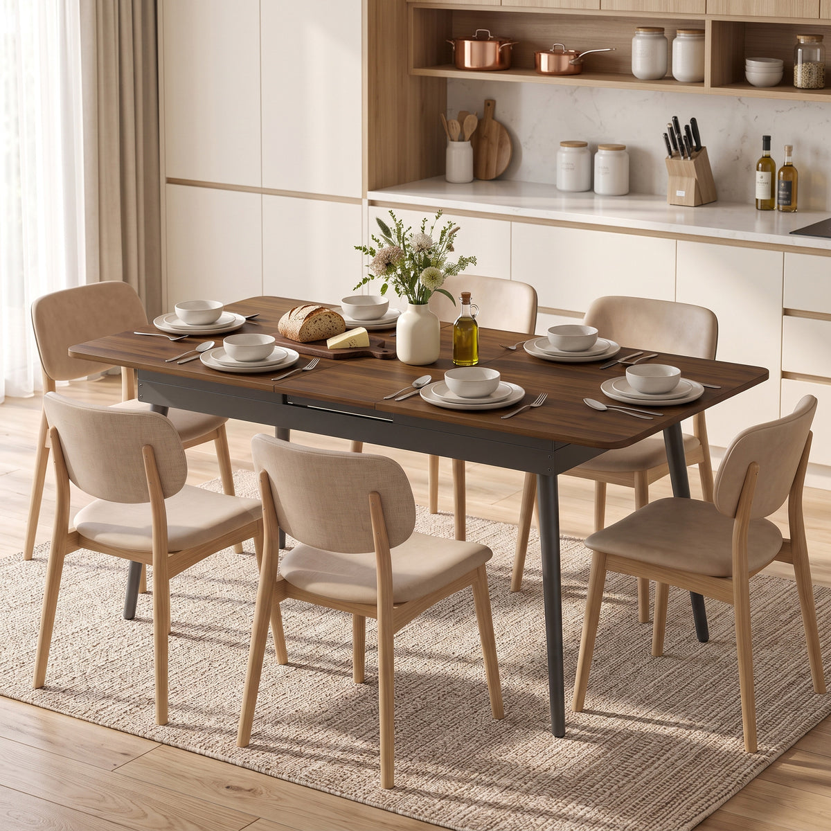 Extendable dining table 130-160 cm, kitchen table with rounded corners, light walnut (2)