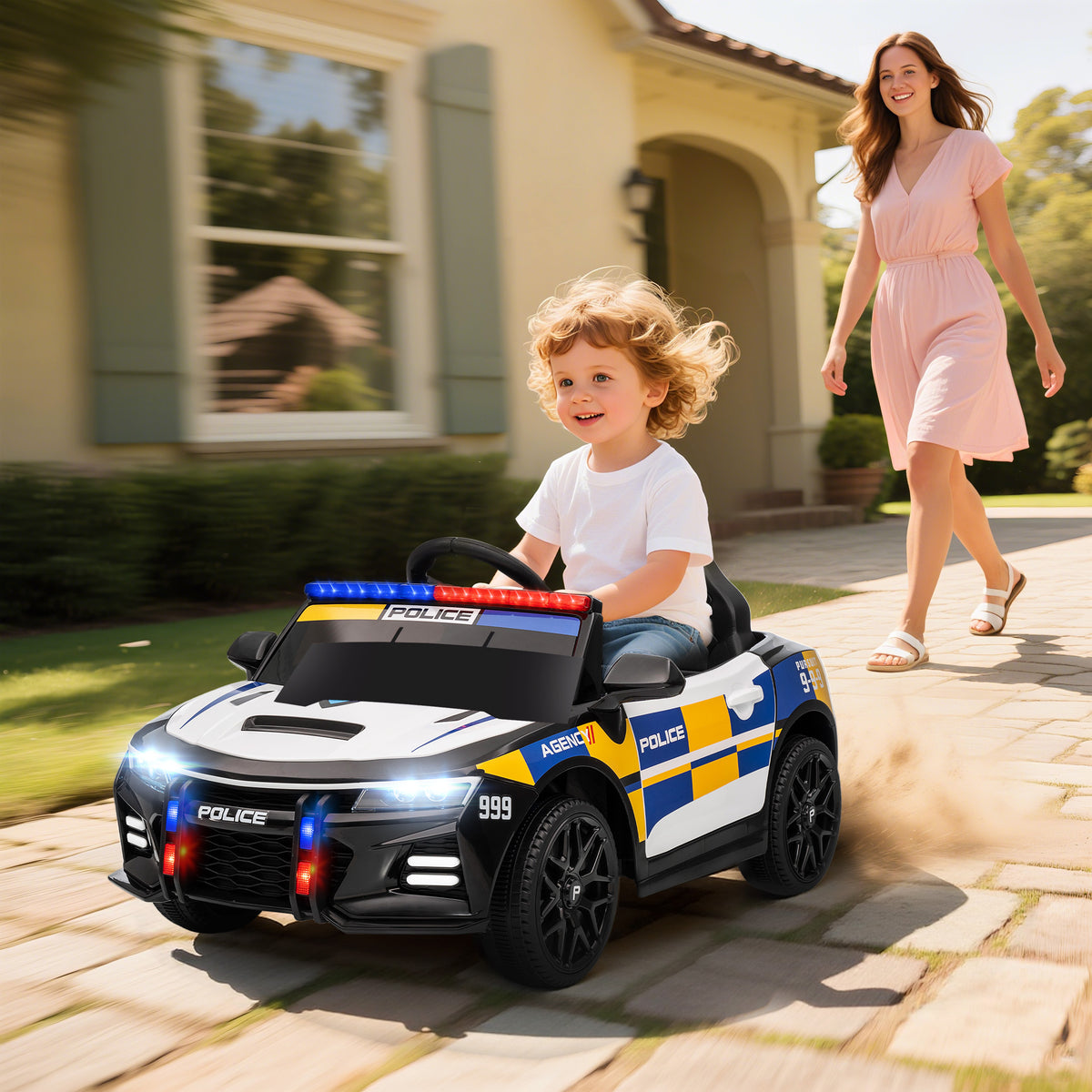 12V Kids' Electric Police Car with Remote Control, Siren, Warning Light, Music & Horn, Dual Motors, Suspension (2)