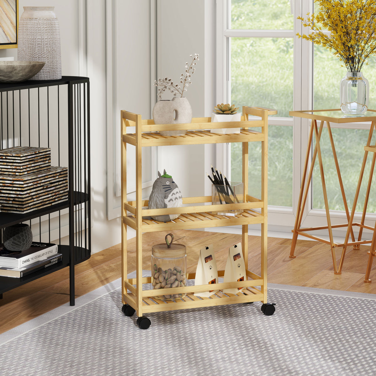 Serving trolley, 3 tiers, slatted shelves, drop-off protection, bamboo, 55 x 20 x 75 cm (2)