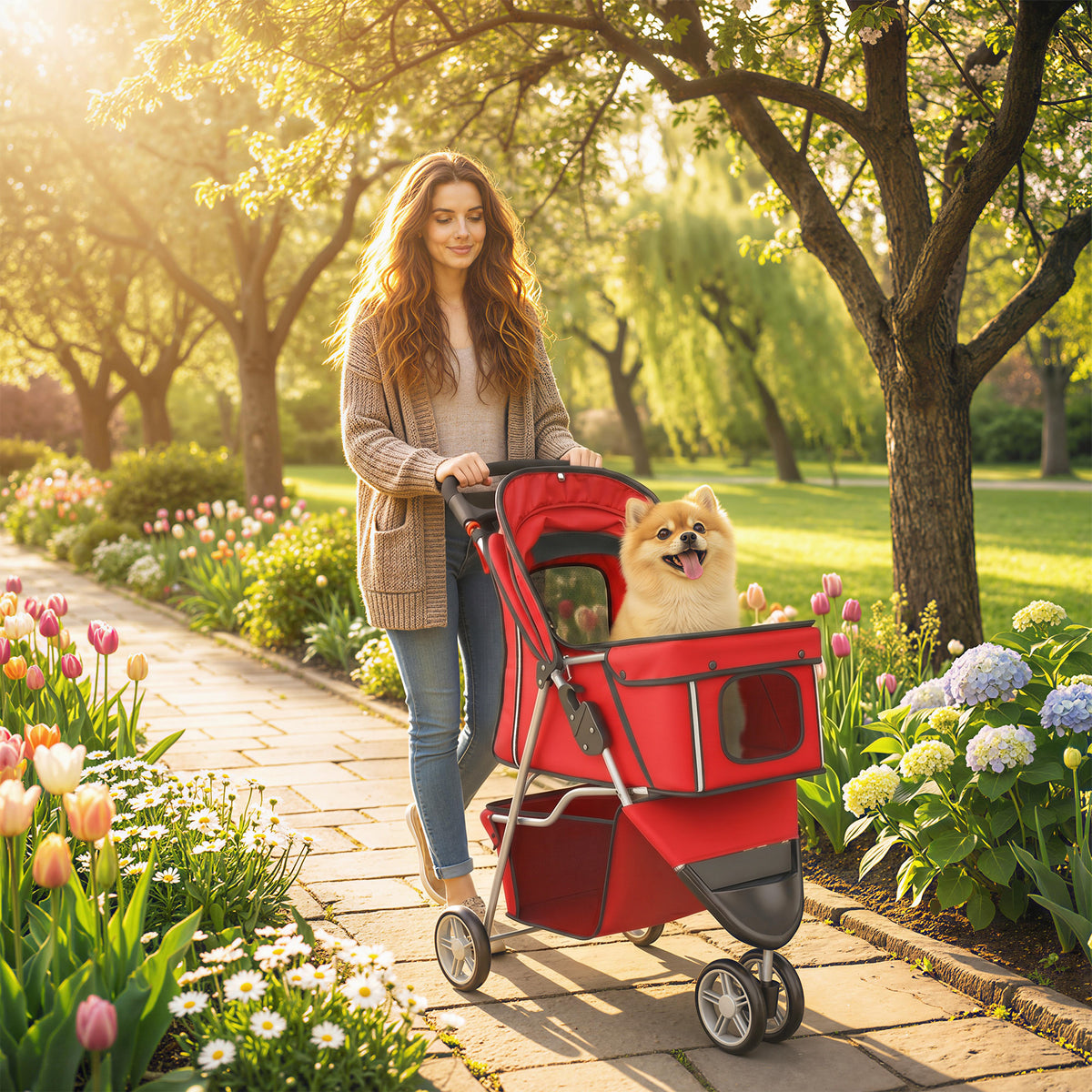 Foldable Dog Stroller Pet Buggy with Storage Basket, Cushion, Mesh Windows, and Cup Holder for Small Dogs up to (2)