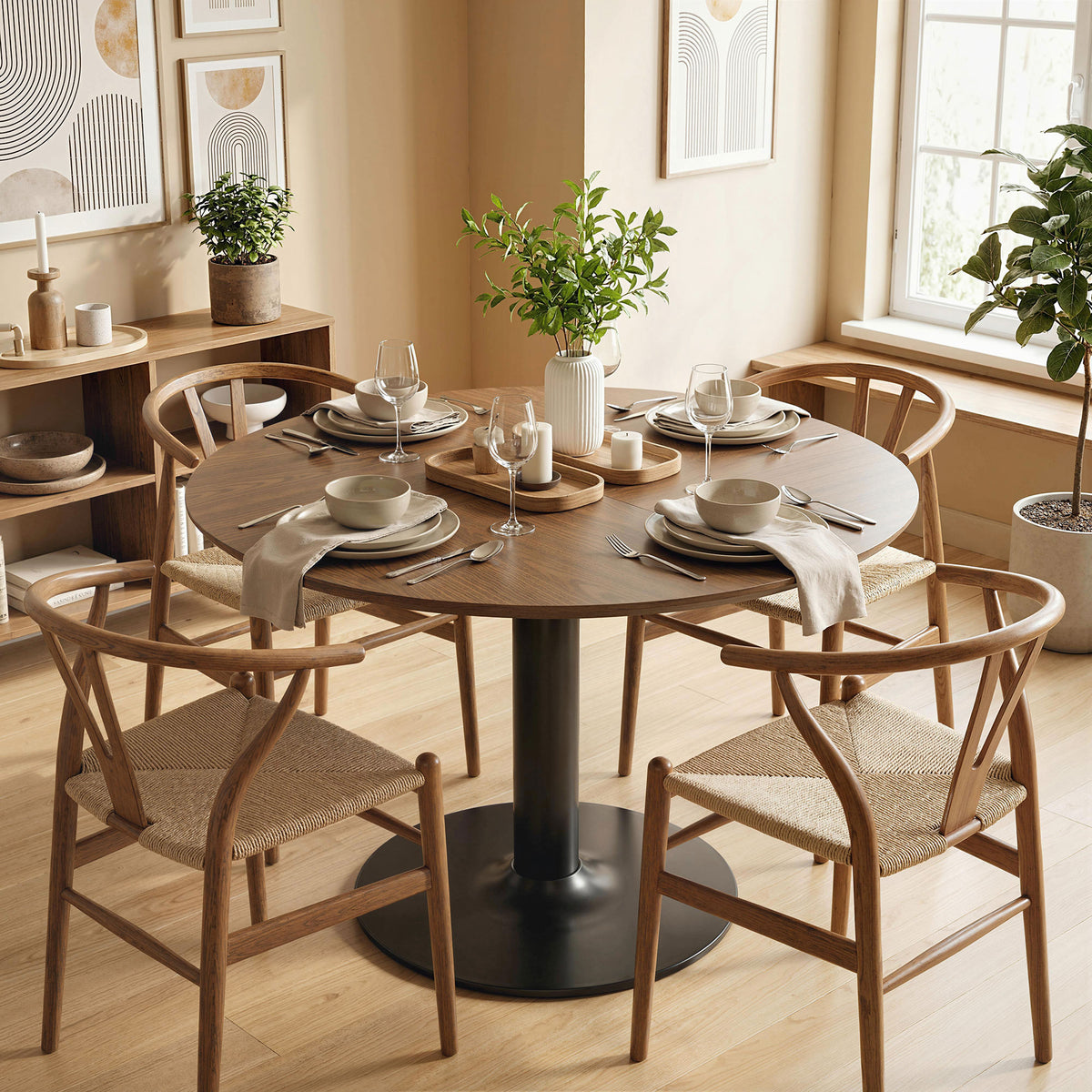 Round dining table for 6 people, 110 cm modern kitchen table with pedestal for living room, brown wood grain (2)