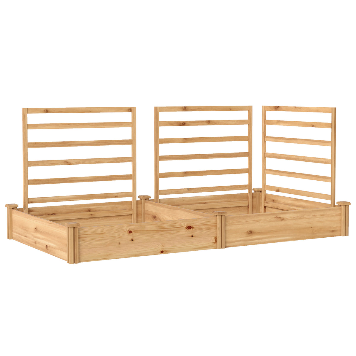 Raised garden bed with trellis, wooden planter box with 3-section partition, open bottom, 240 x 125 x 102 cm