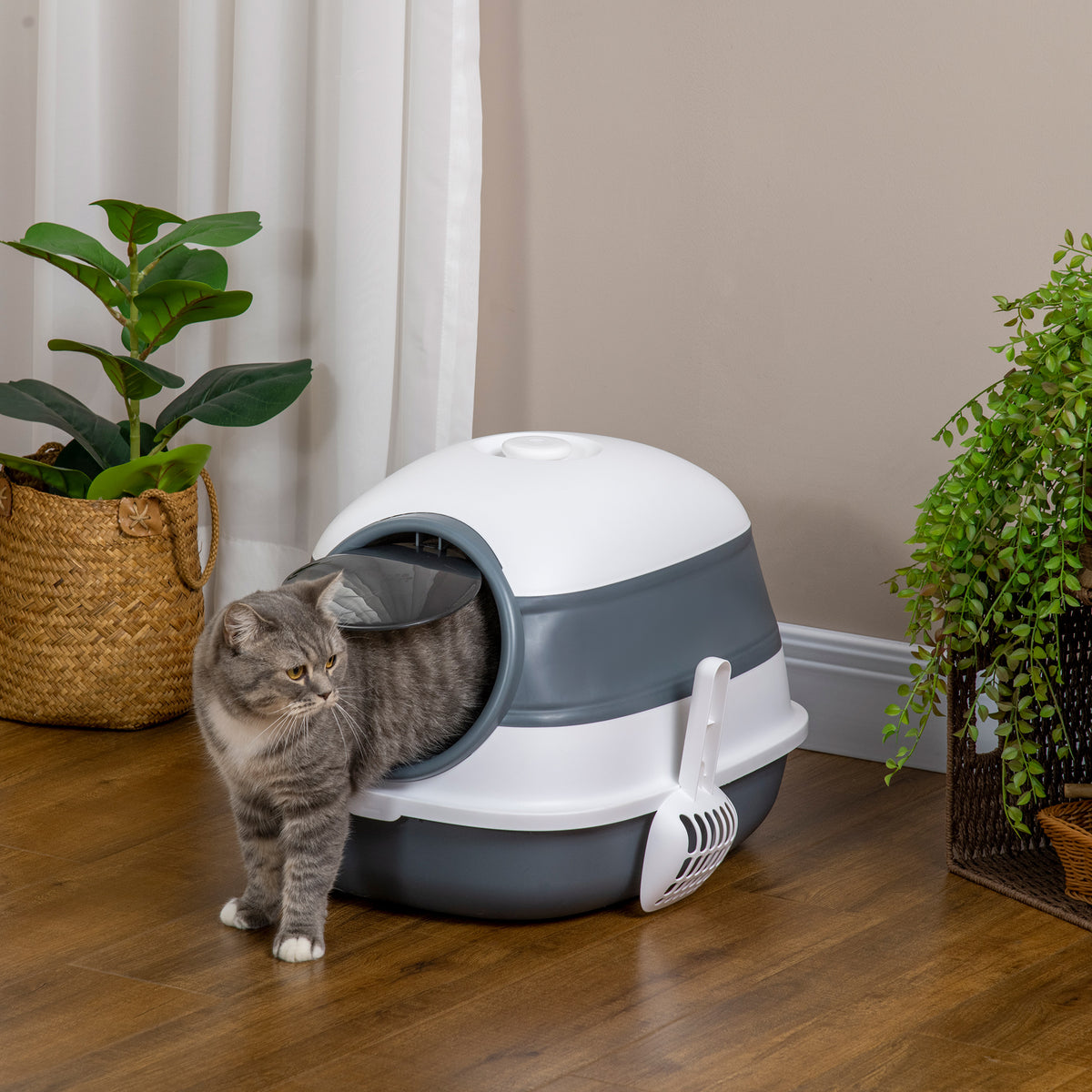 Cat litter box, with litter scoop, entrance with floor grid, removable lid, white+grey, 52 x 41 x 38 cm (2)