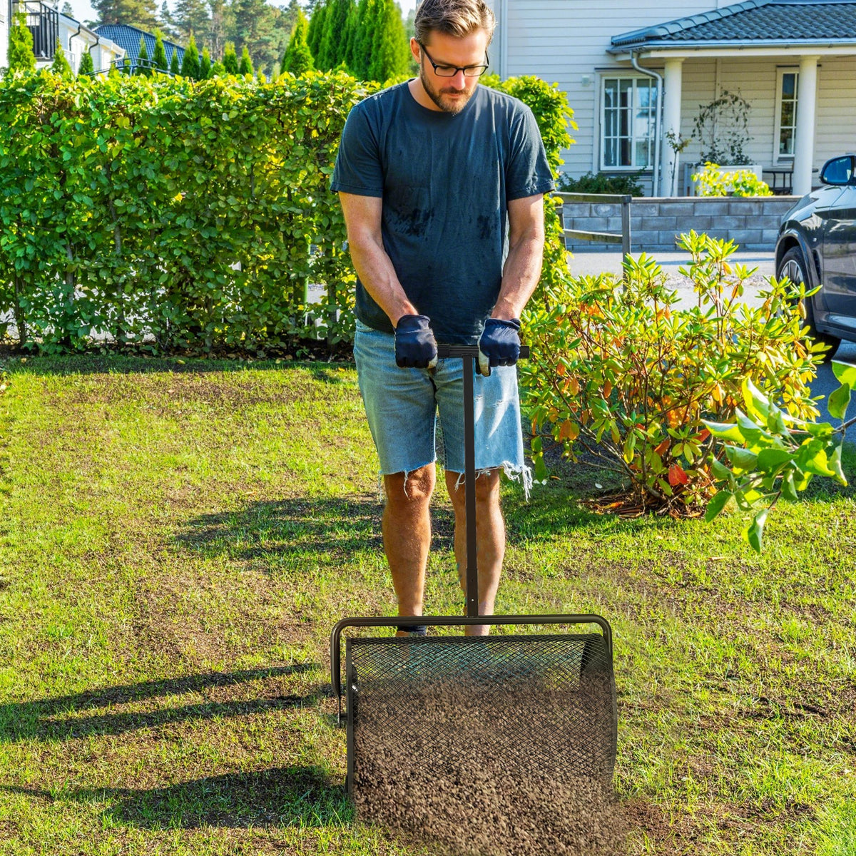 Compost Spreader 75L 61x40cm Fertilizer Spreader Lawn Garden with T-Handle Mesh Basket Metal Black (2)