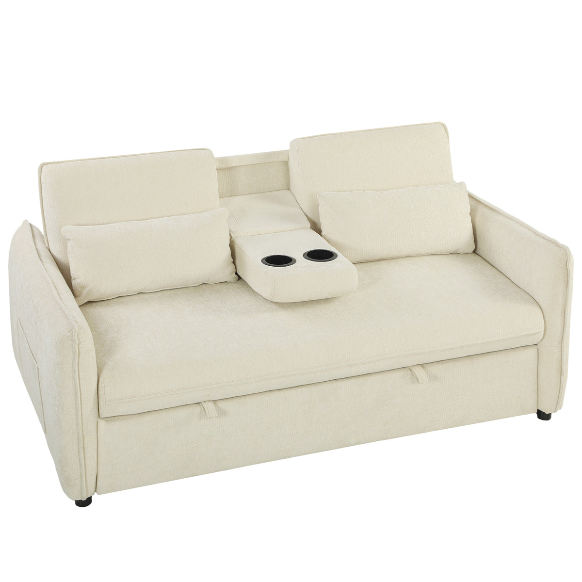3-in-1 Adjustable Sofa Bed, Loveseat with Cup Holders, Adjustable Backrest and Side Pockets, Beige