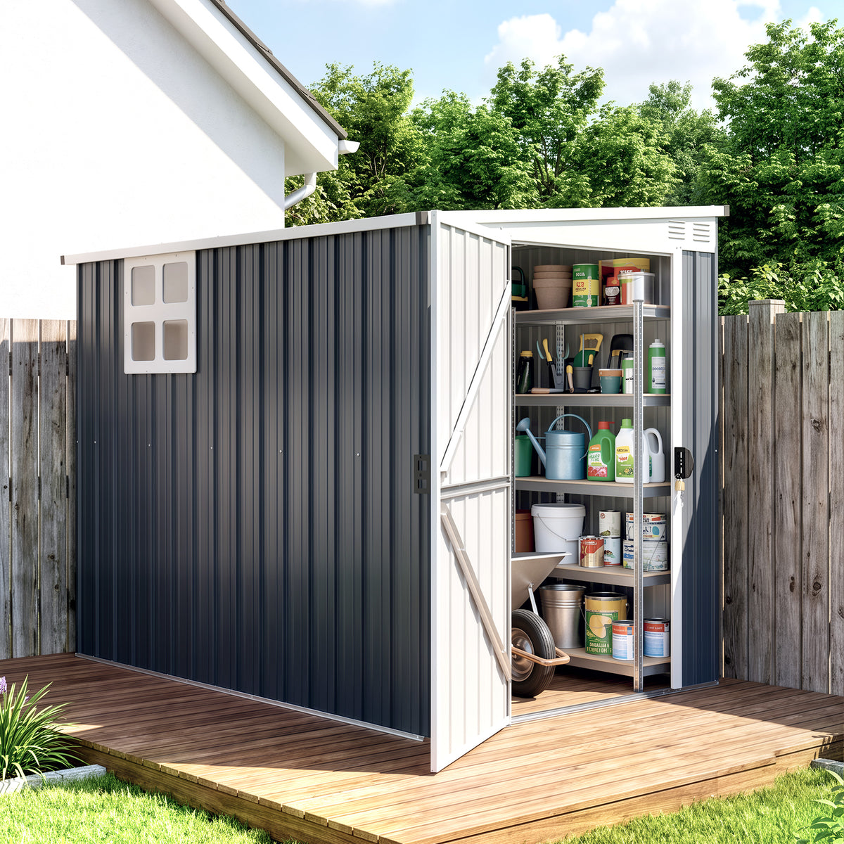 Garden storage shed, tool shed for garden equipment, windows, air vents, lockable, steel, dark gray (2)