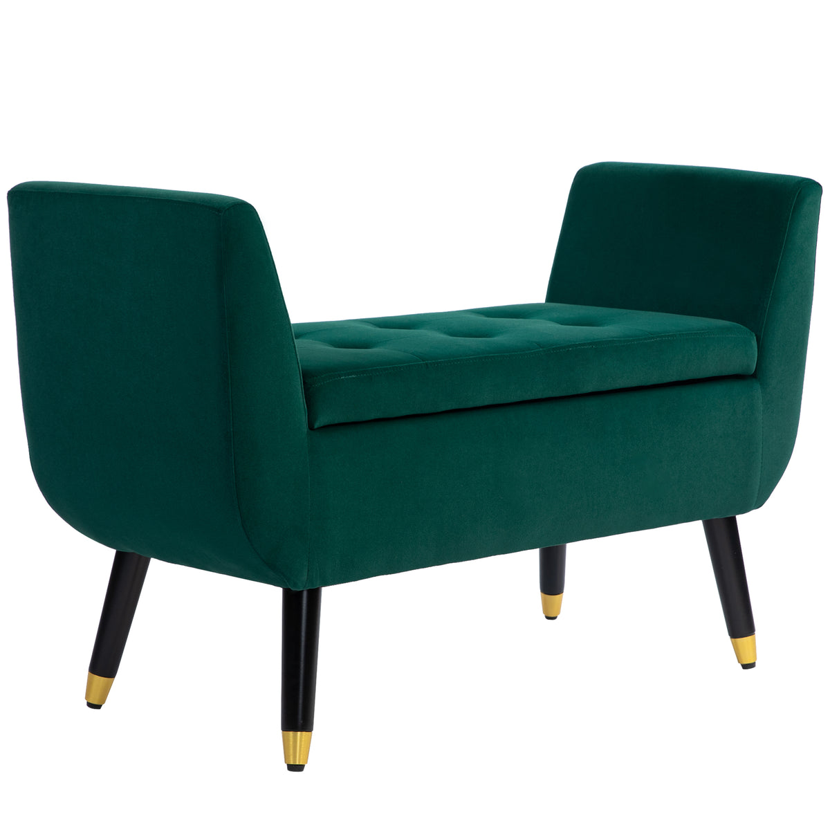Upholstered bench with storage, armrests, velvet-like polyester, rubberwood, 107 x 42 x 65 cm, green