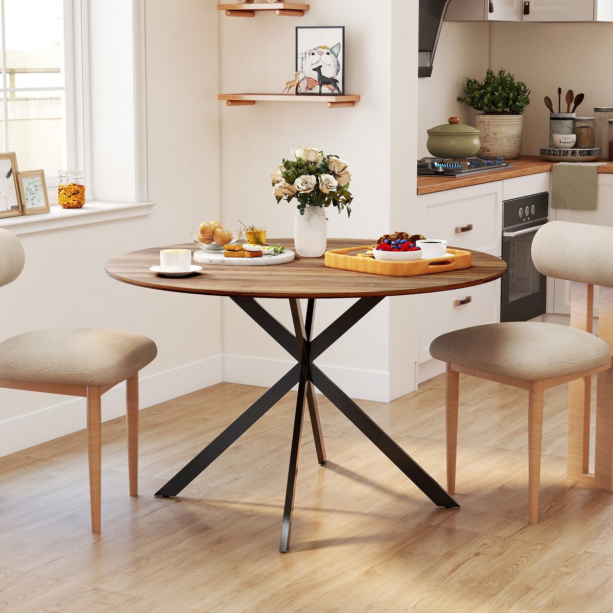 Round dining table for 4 people, industrial style kitchen table with steel legs, for dining room, kitchen, dark (2)