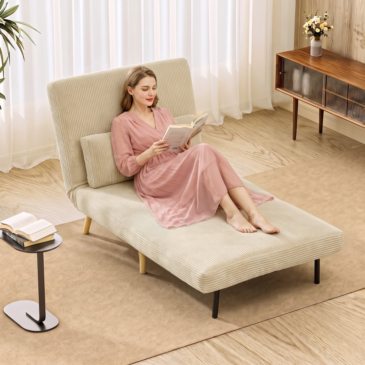 3-in-1 sleeper chair, foldable corduroy armchair with sleep function, adjustable backrest, pillow, beige (2)