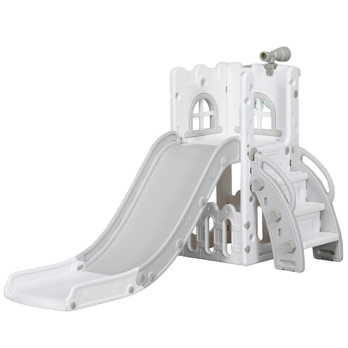 Children's slide, 5-in-1, toddler slide with basketball hoop, telescopic climbing frame, grey, 70 x 177 x 92 cm