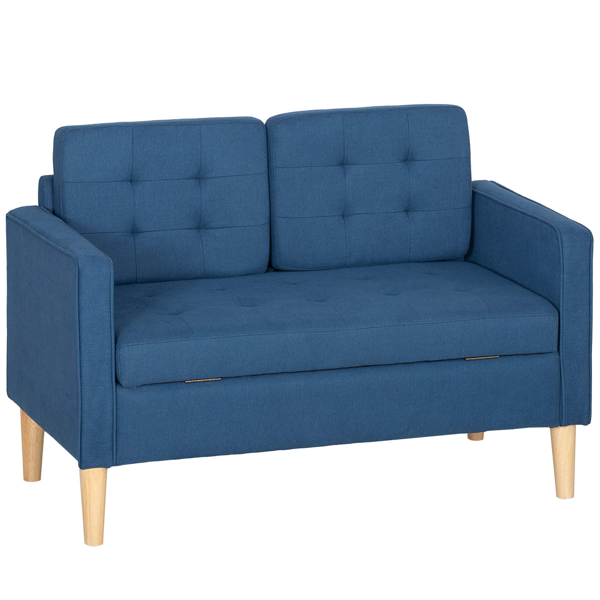 Two-seater sofa with storage space, button tufting, cushions, rubberwood, 117x62x78cm, blue