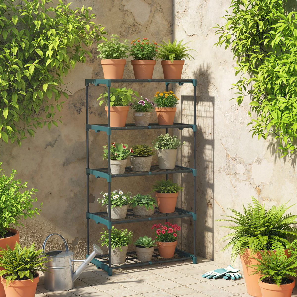 5-Tier Plant Stand, 138 cm High Flower Stand for Indoor Outdoor, Steel Plant Shelf Dark Green (2)