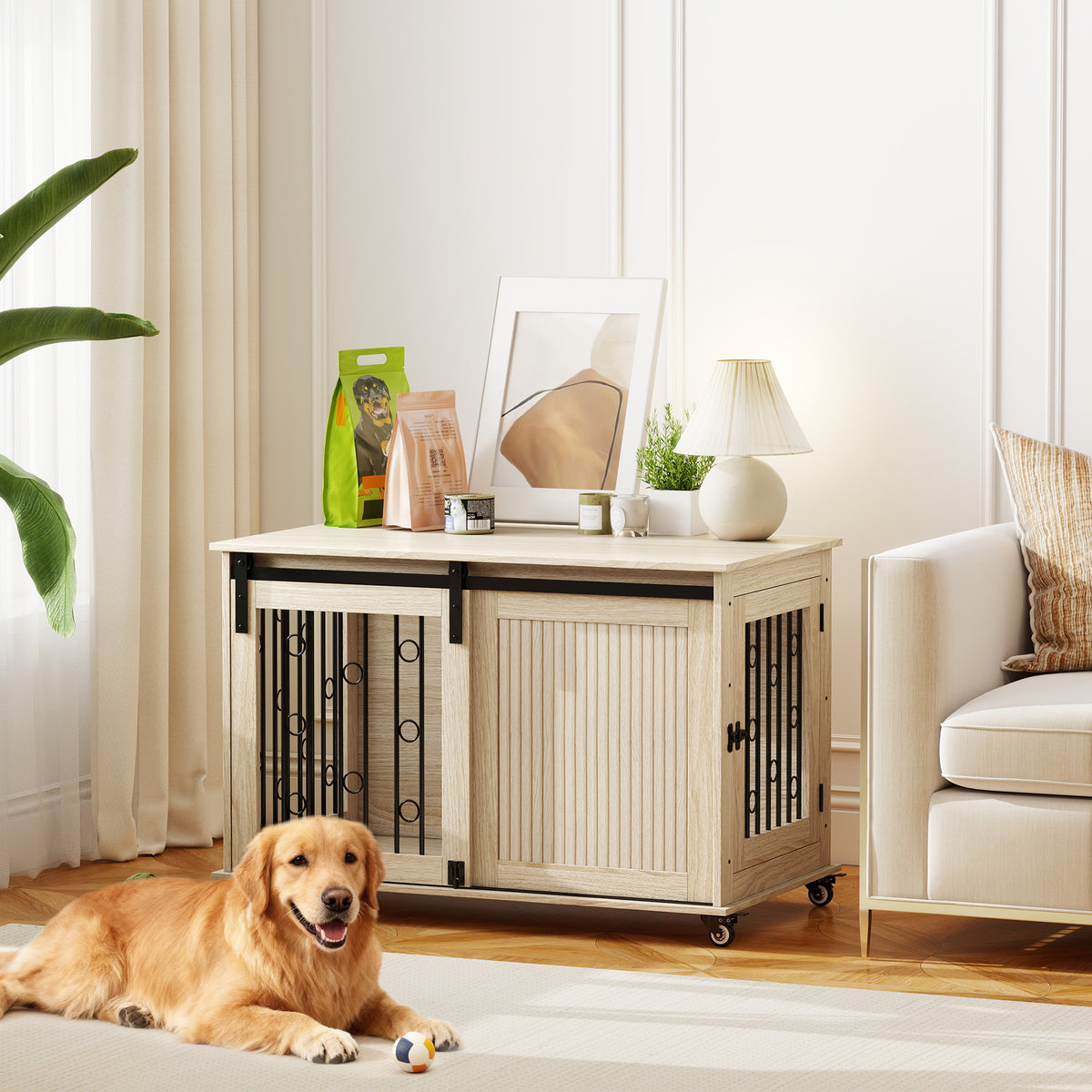Dog crate on wheels, sliding door, 100 x 56 x 65 cm, wood, steel (2)