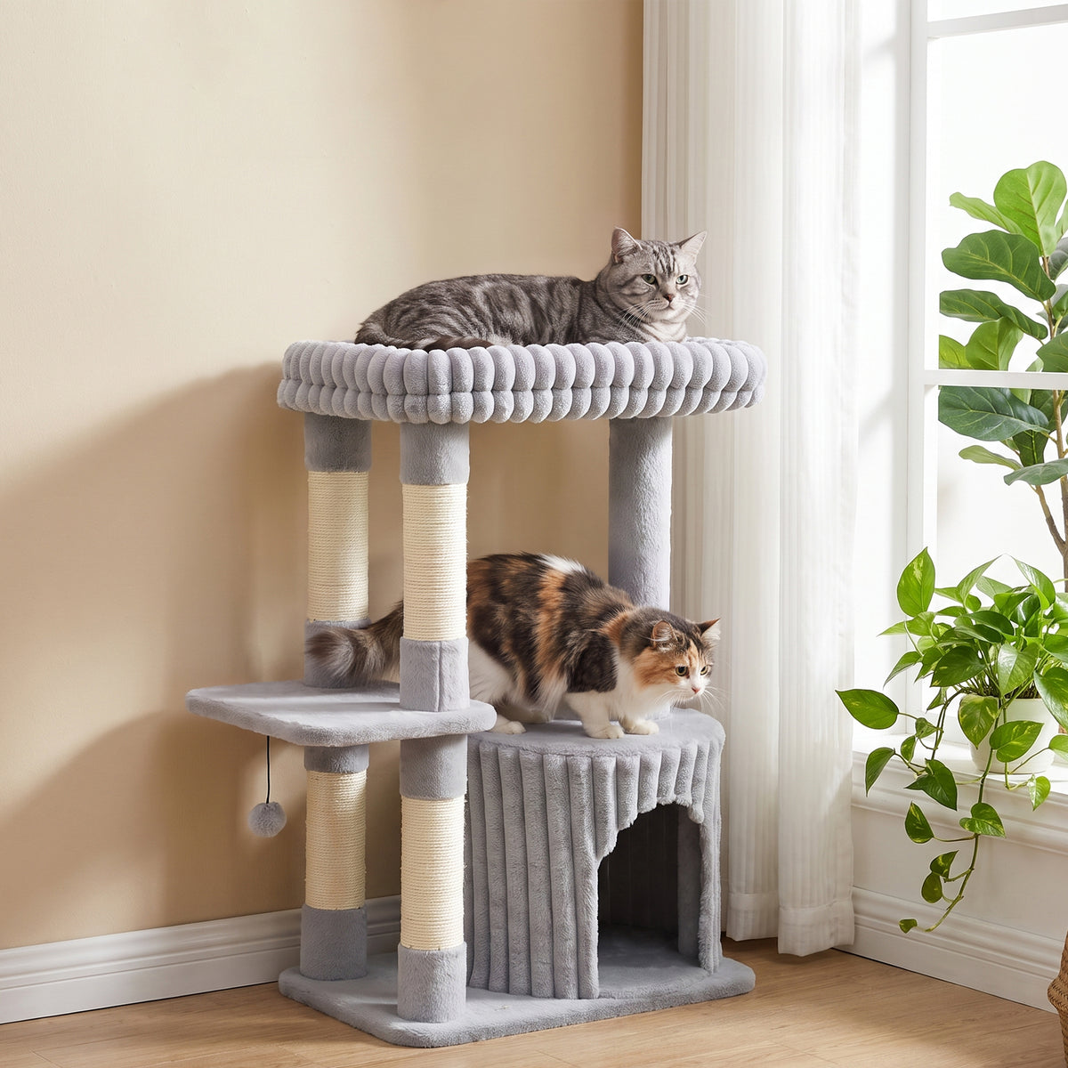 Cat tree, 93 cm 3-tier scratching tree with sisal scratching posts, cozy cave, large lounging area, platform, up (2)