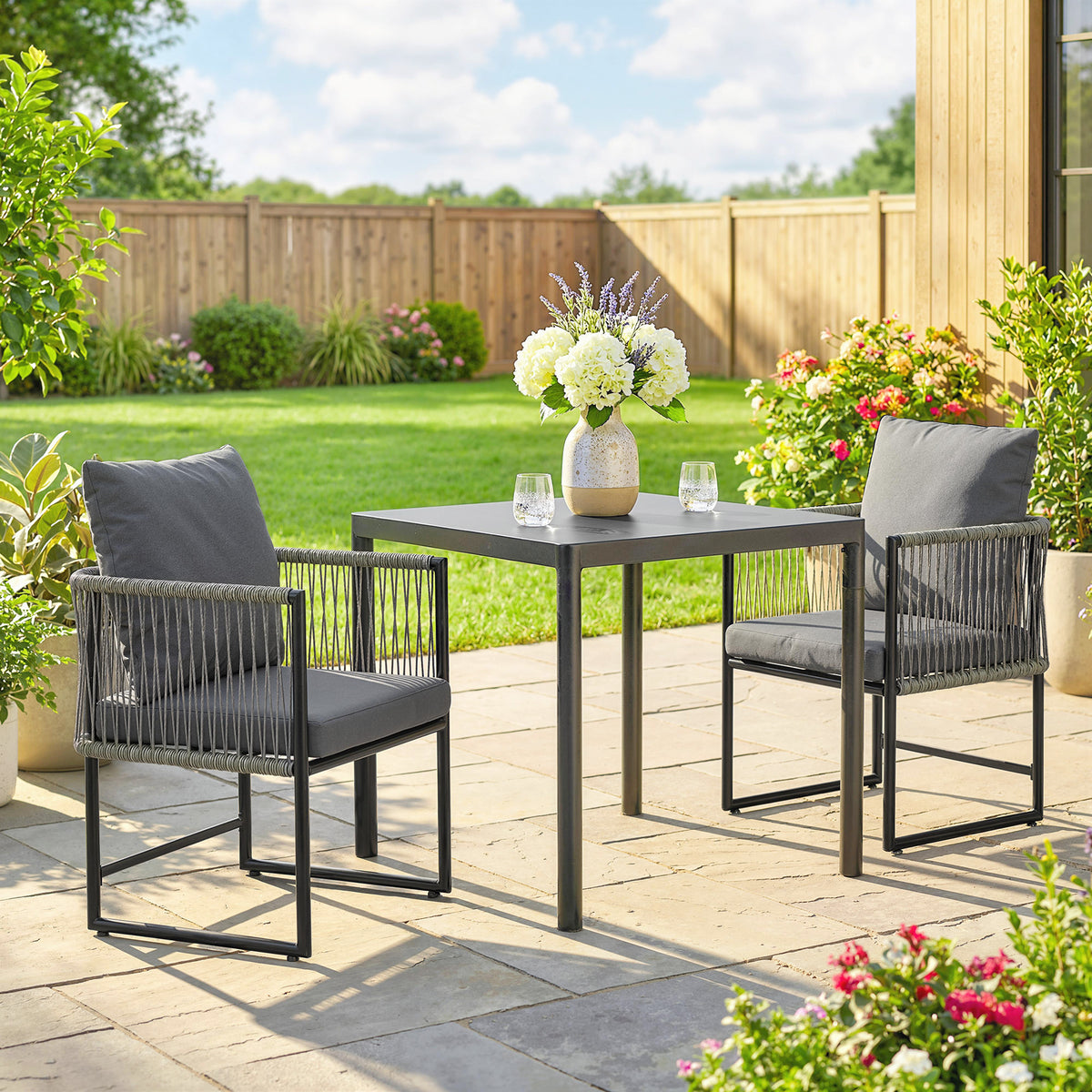 Garden chair set of 2 weatherproof steel PE rattan garden chairs with cushions, armrest, backrest, 52x52x66 cm (2)
