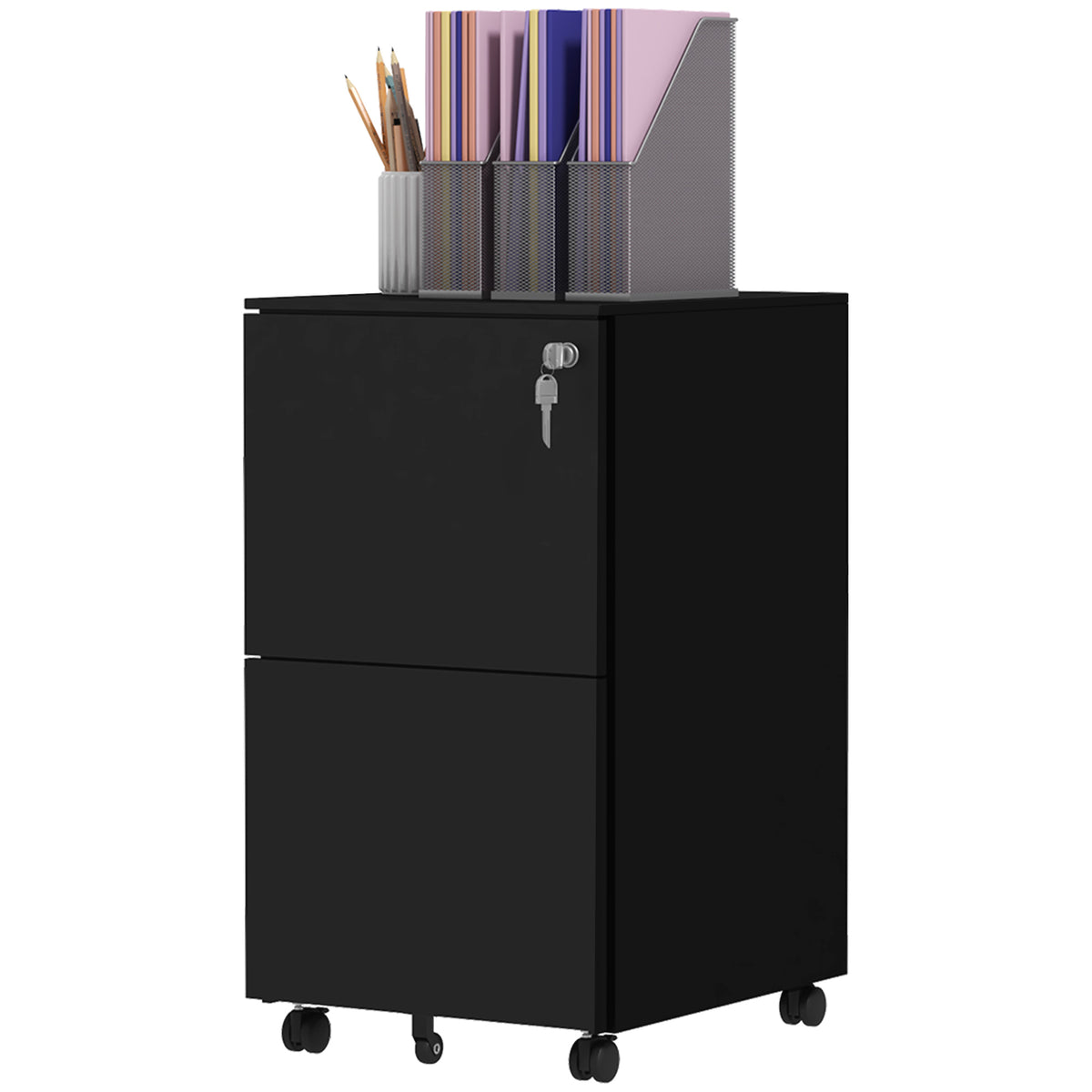 Mobile file cabinet, 2 drawers, lockable, on casters, 37 cm x 43.5 cm x 67.5 cm, black