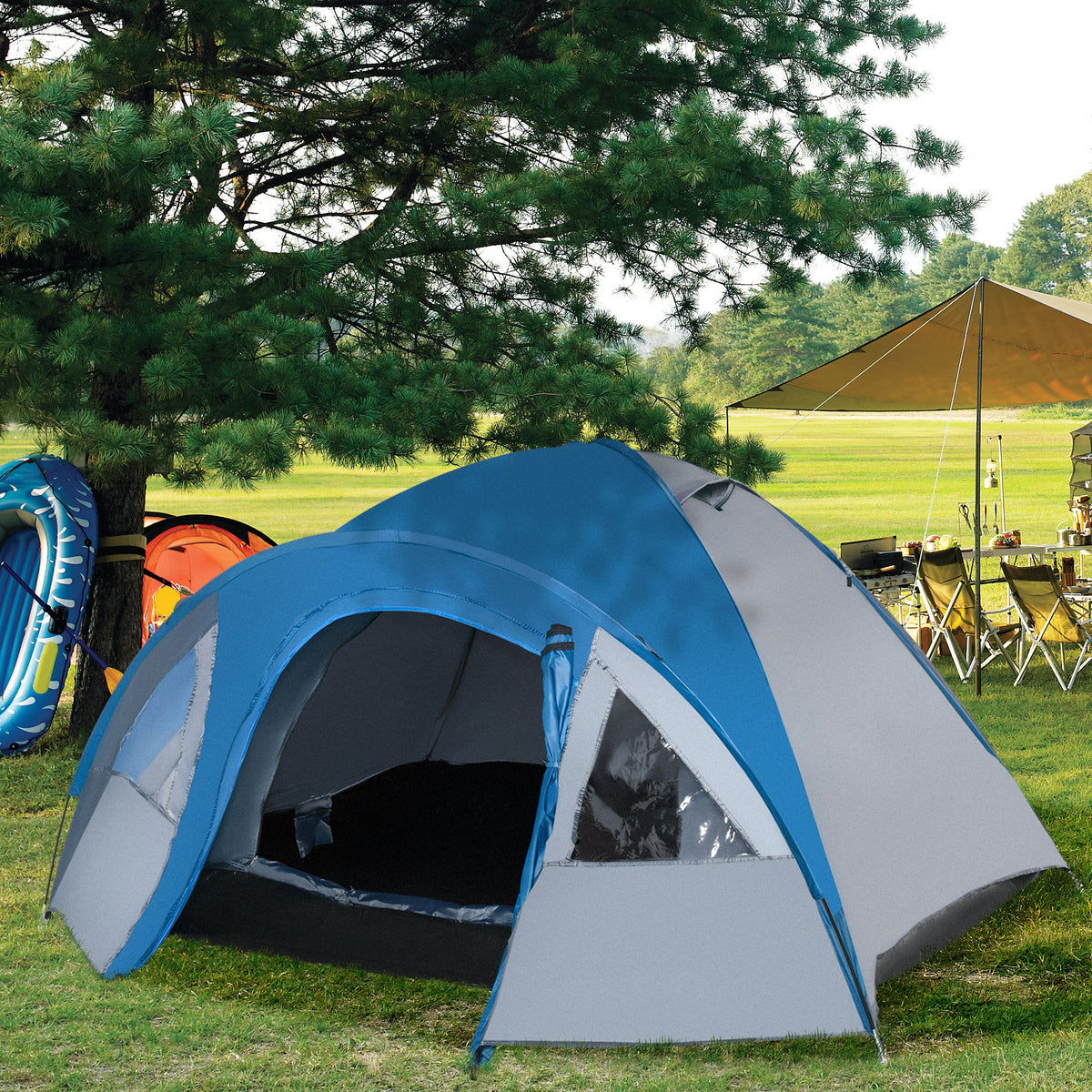 4-person camping tent, suitable for all seasons, 3.00 x 2.50 x 1.30m, blue + grey (2)