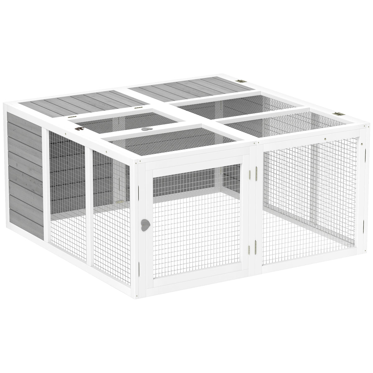 Small animal enclosure, rabbit hutch, wooden construction, foldable, for indoor and outdoor use, light gray
