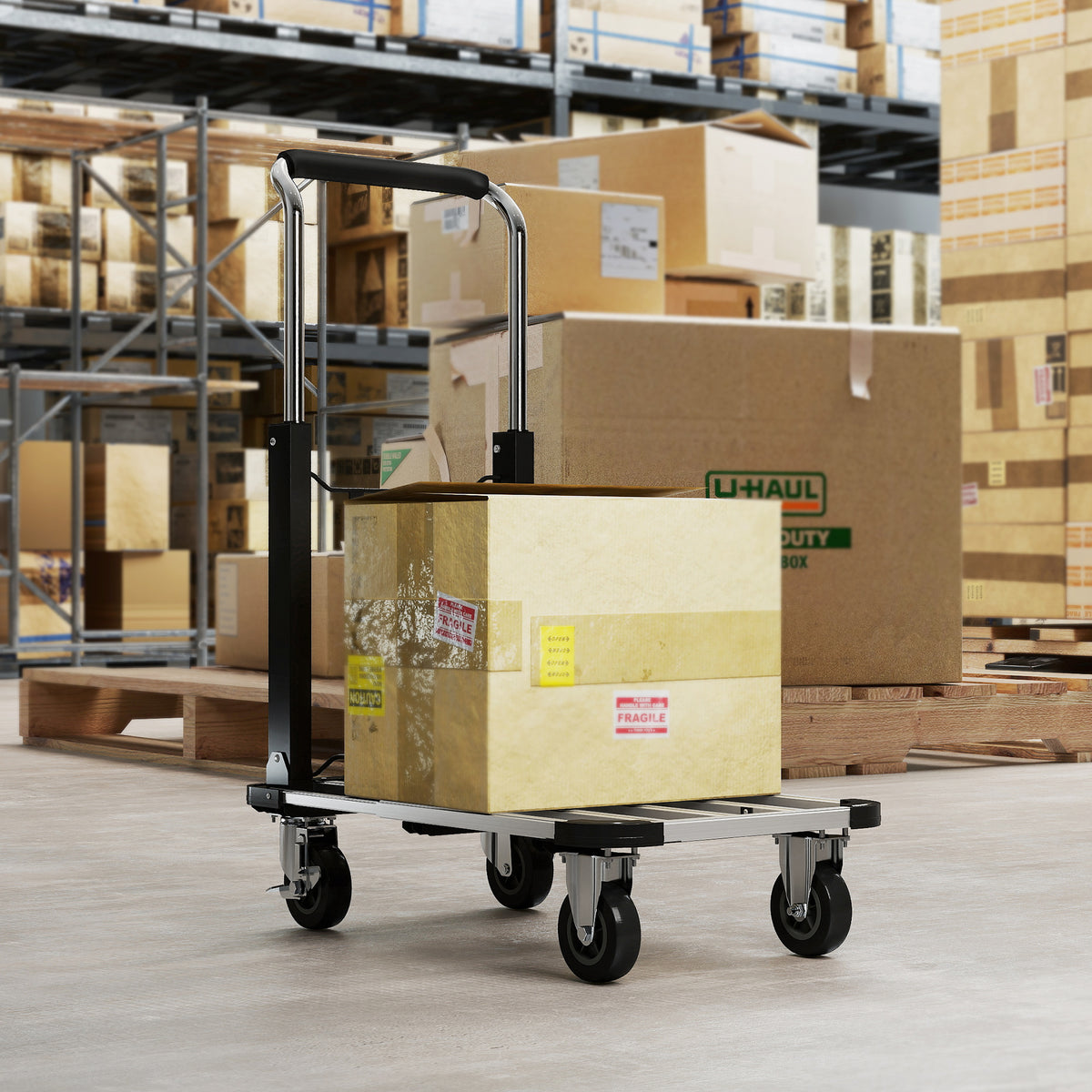 Foldable hand truck, 150 kg load capacity, extendable surface, height-adjustable handle, for crates, metal (2)