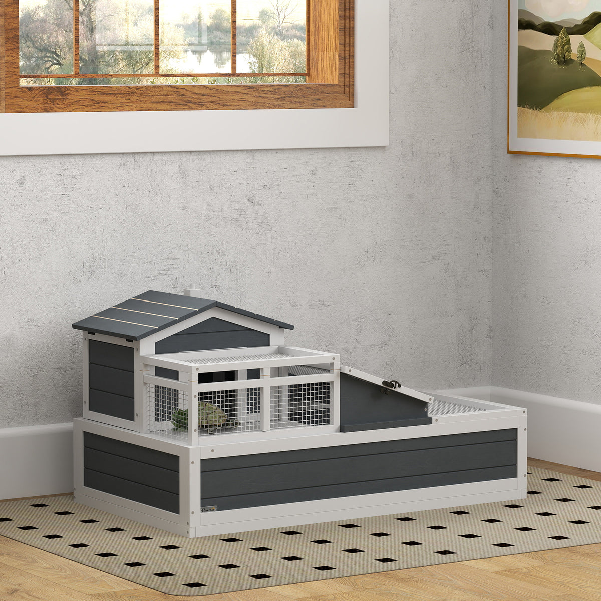 Tortoise house, 2 levels, for indoor and outdoor use, balcony, fir wood, grey (2)