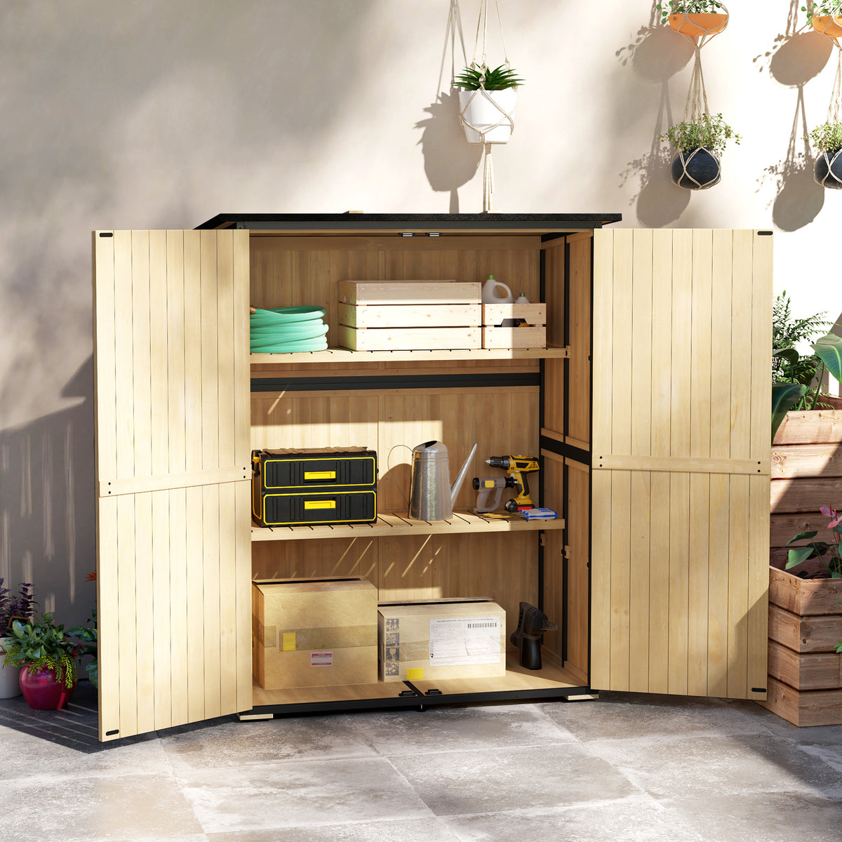 Wooden and steel garden cabinet, outdoor tool shed with asphalt roof, 2 shelves, lockable doors, natural wood (2)