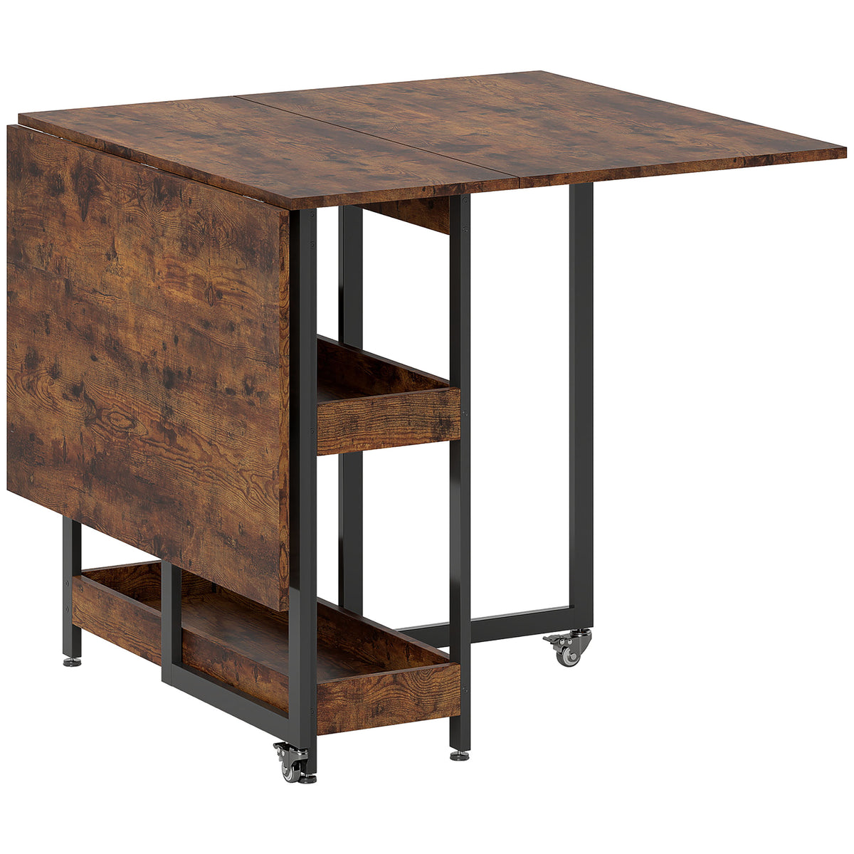 Foldable dining table in industrial design, for up to 4 people, open shelves, flexible, metal, chipboard, brown