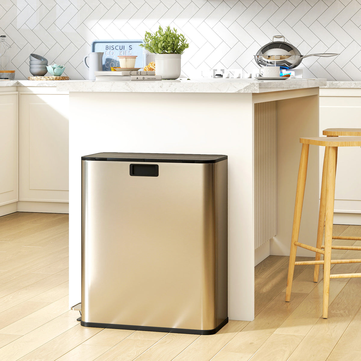 Kitchen trash can, 2 x 28L stainless steel pedal bin with soft-close lid and removable inner buckets (2)