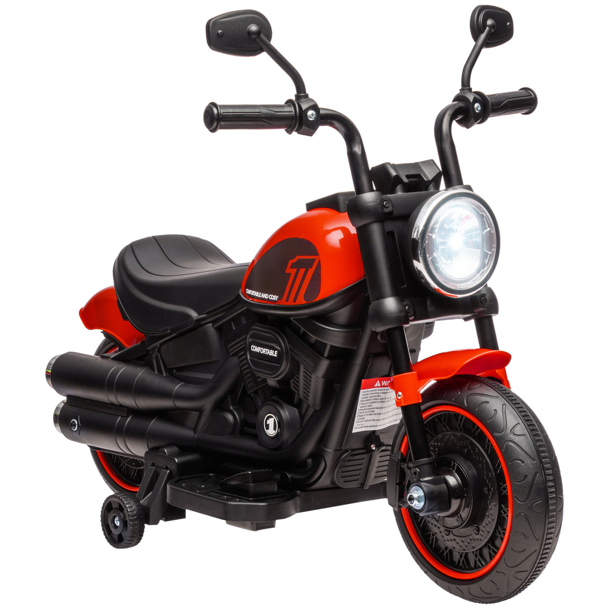 Electric motorcycle for kids with headlight, detachable training wheels, 76x42x57 cm, red/black