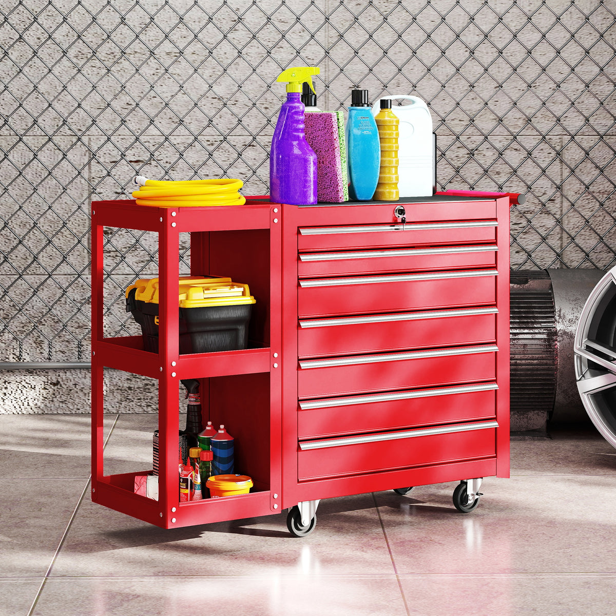 Workshop trolley tool cart with 7 drawers, detachable side shelf, 4 casters with parking brake, 96x33.5x75cm (2)