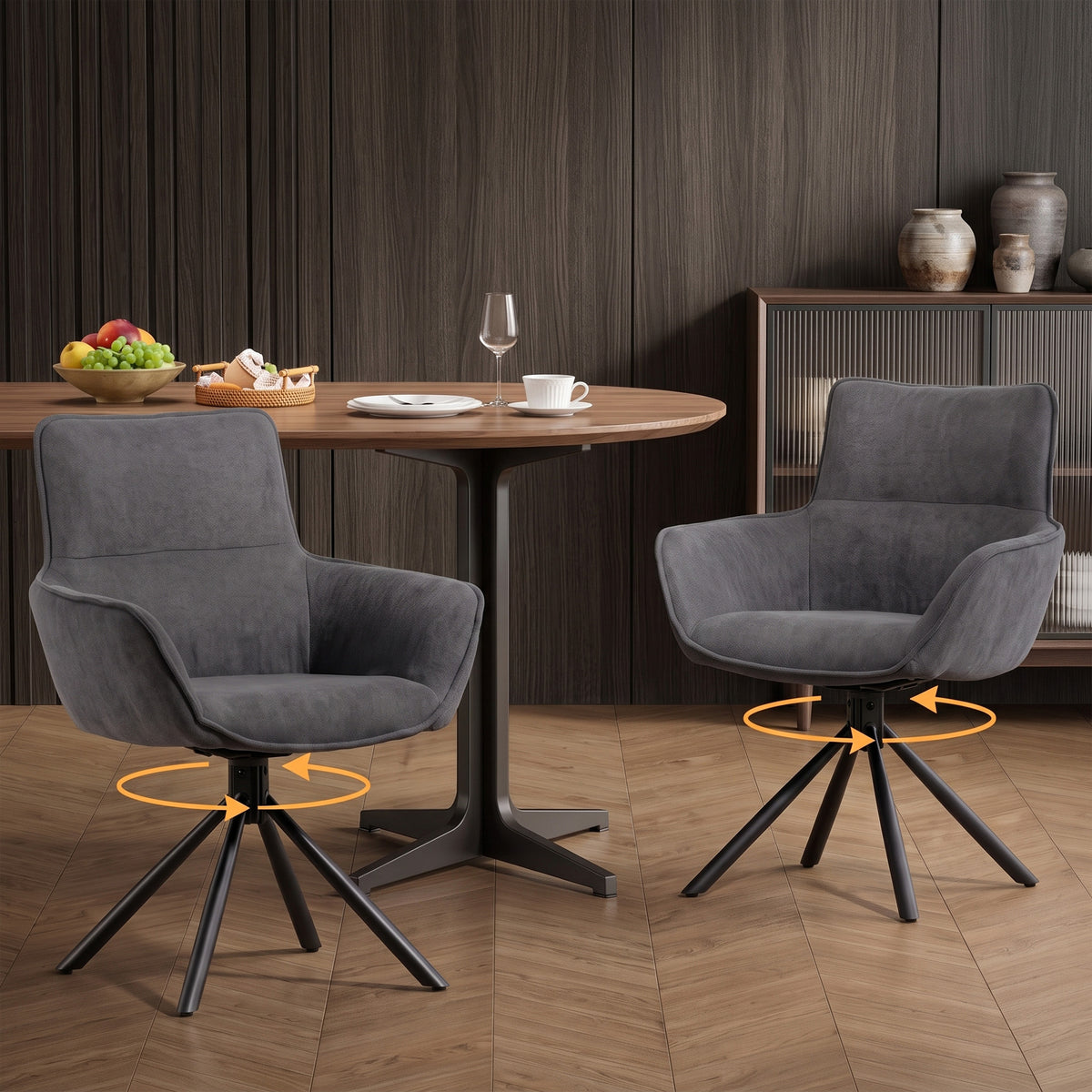 Set of 2 dining chairs, swivel, soft padded, armrests, metal legs, dark gray (2)