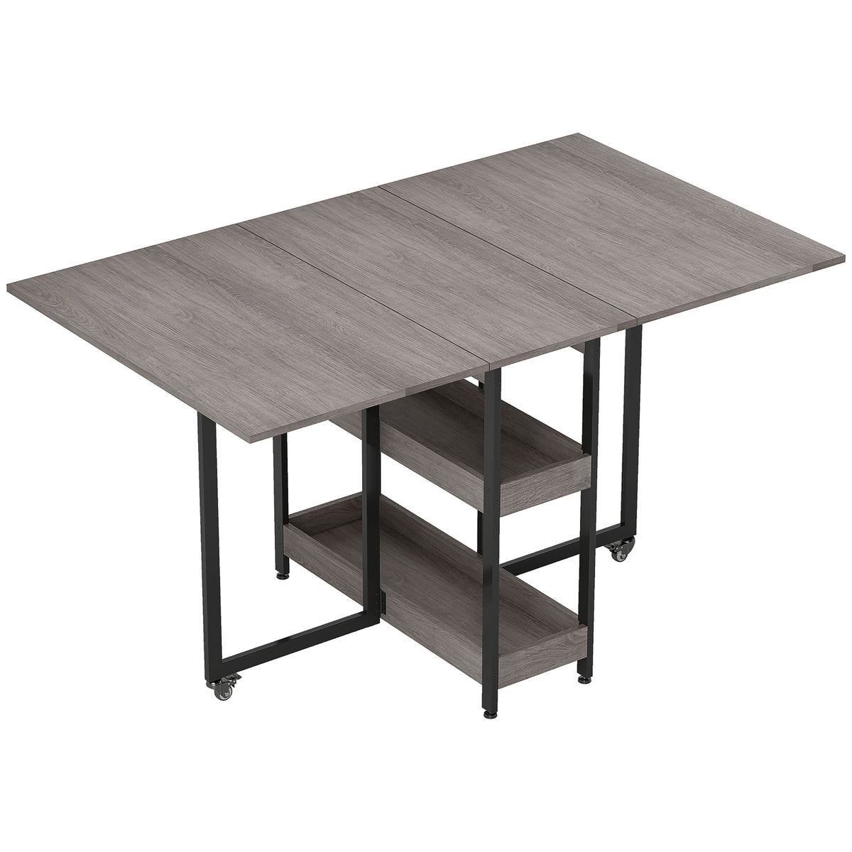 Foldable dining table in industrial design, for up to 4 people, open shelves, flexible, metal, chipboard, gray