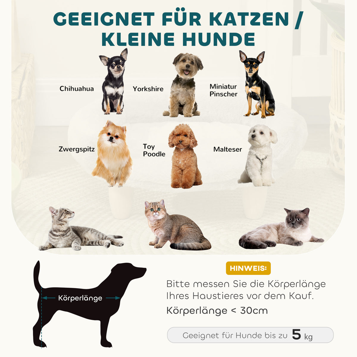 Pet bed for cats and dogs up to 5kg/30cm, washable plush cover, cream white, 47 x 40 x 20 cm (4)