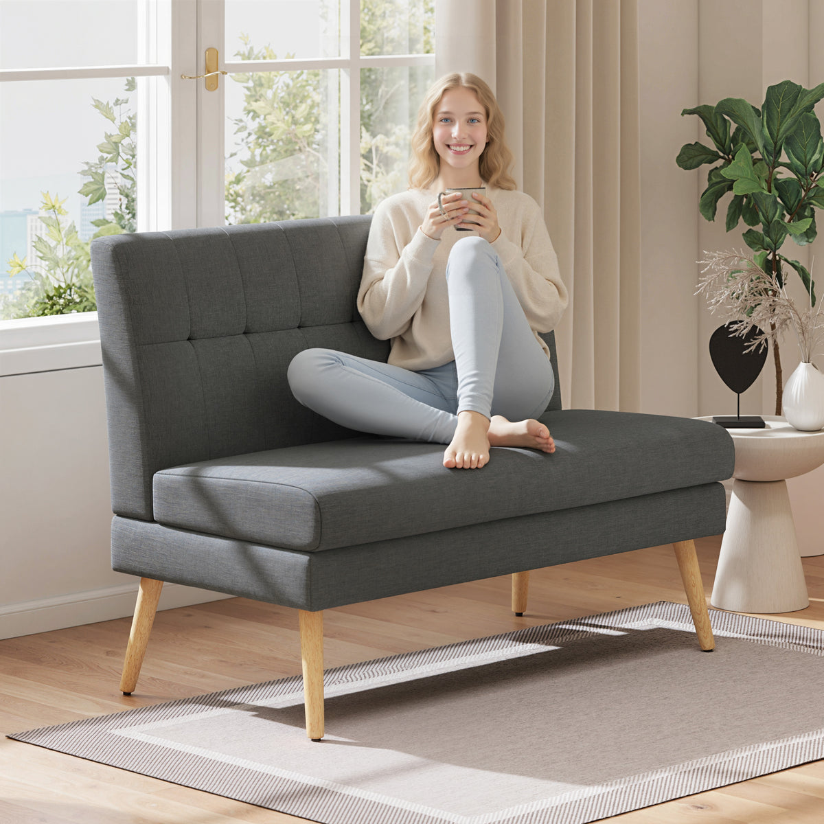 2-seater sofa, tufted backrest, wooden legs, thick padding, linen look, for small spaces, grey (2)