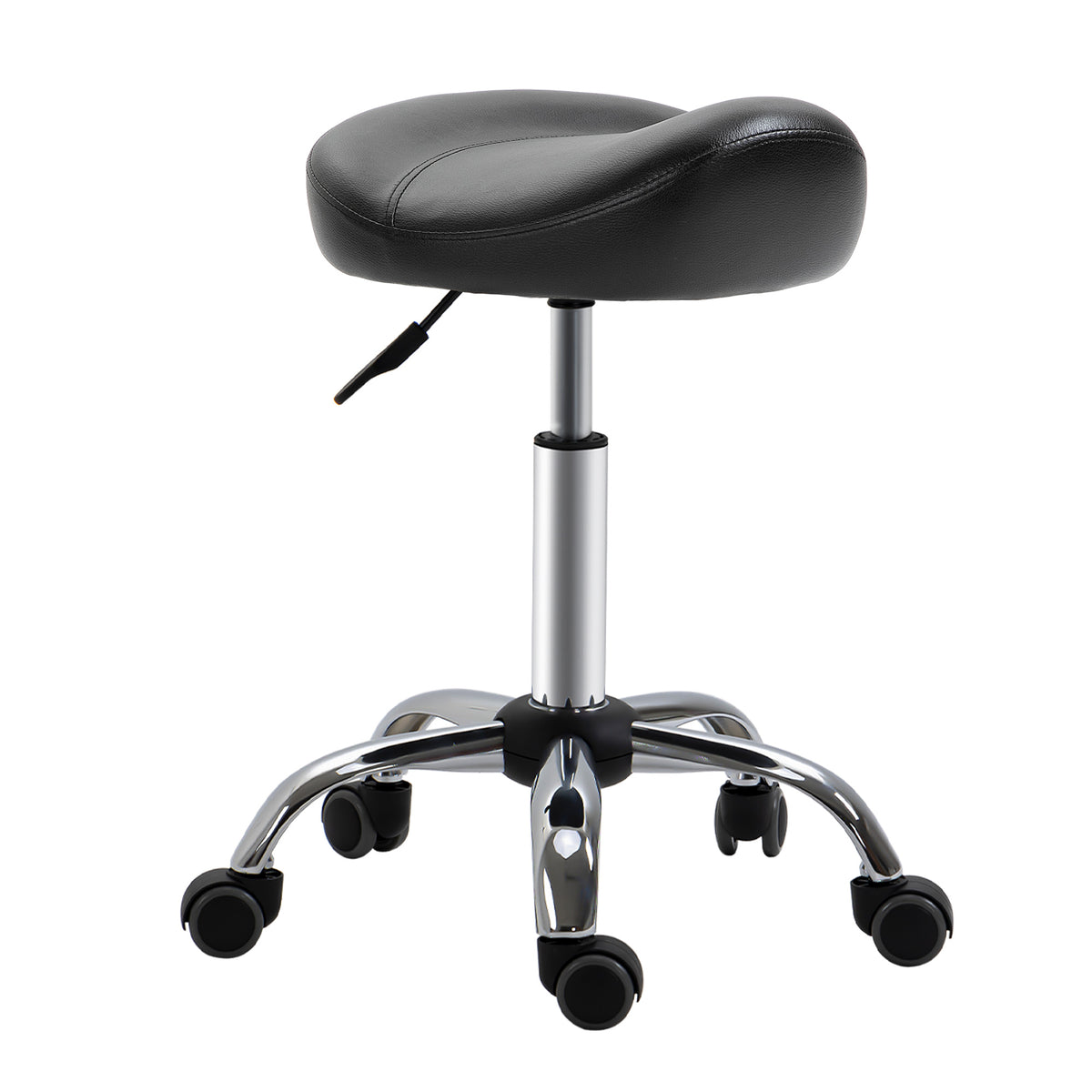 Salon stool with saddle seat, height-adjustable, faux leather, 48x48x54-69cm, black