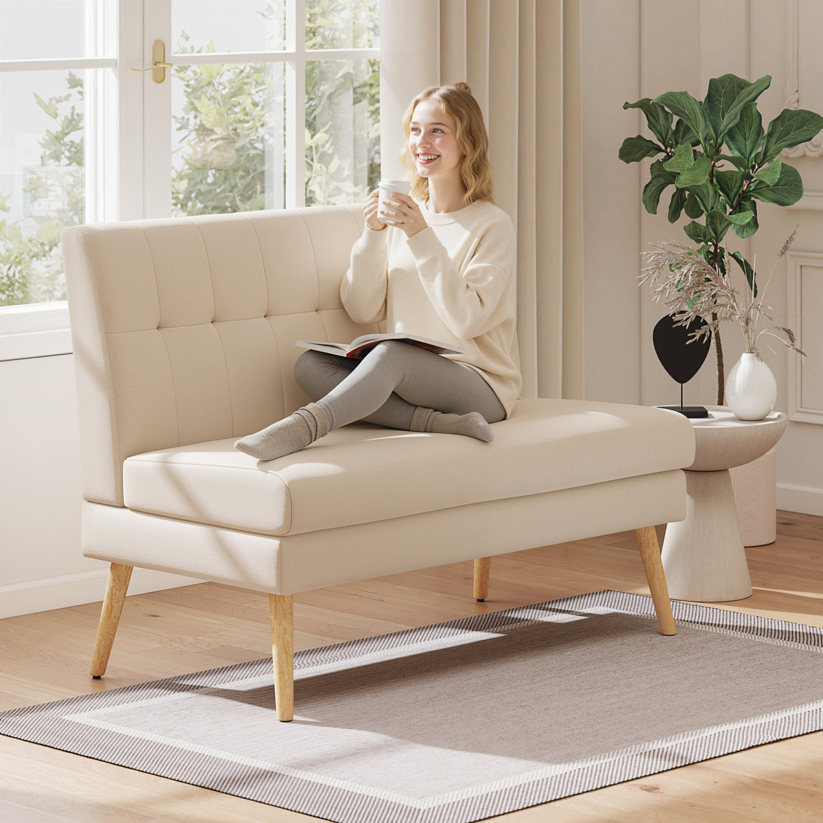 2-seater sofa, tufted backrest, wooden legs, thick padding, linen look, for small spaces, beige (2)