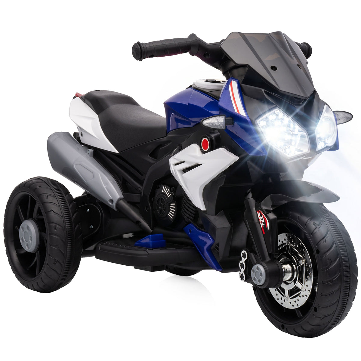 Electric motorcycle for children, lights & sounds, 3 km/h, rechargeable, plastic & metal, blue/white