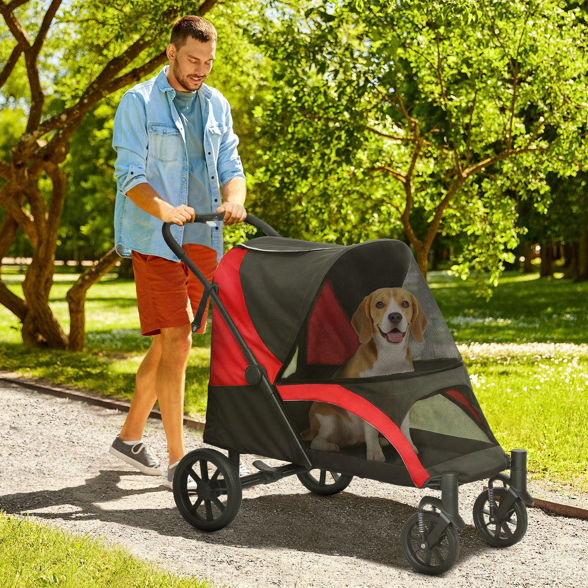 Dog Stroller, Foldable Pet Buggy for Medium-Sized Dogs, 4-Wheel Pet Carriage with Safety Leashes, Brakes, Black (2)