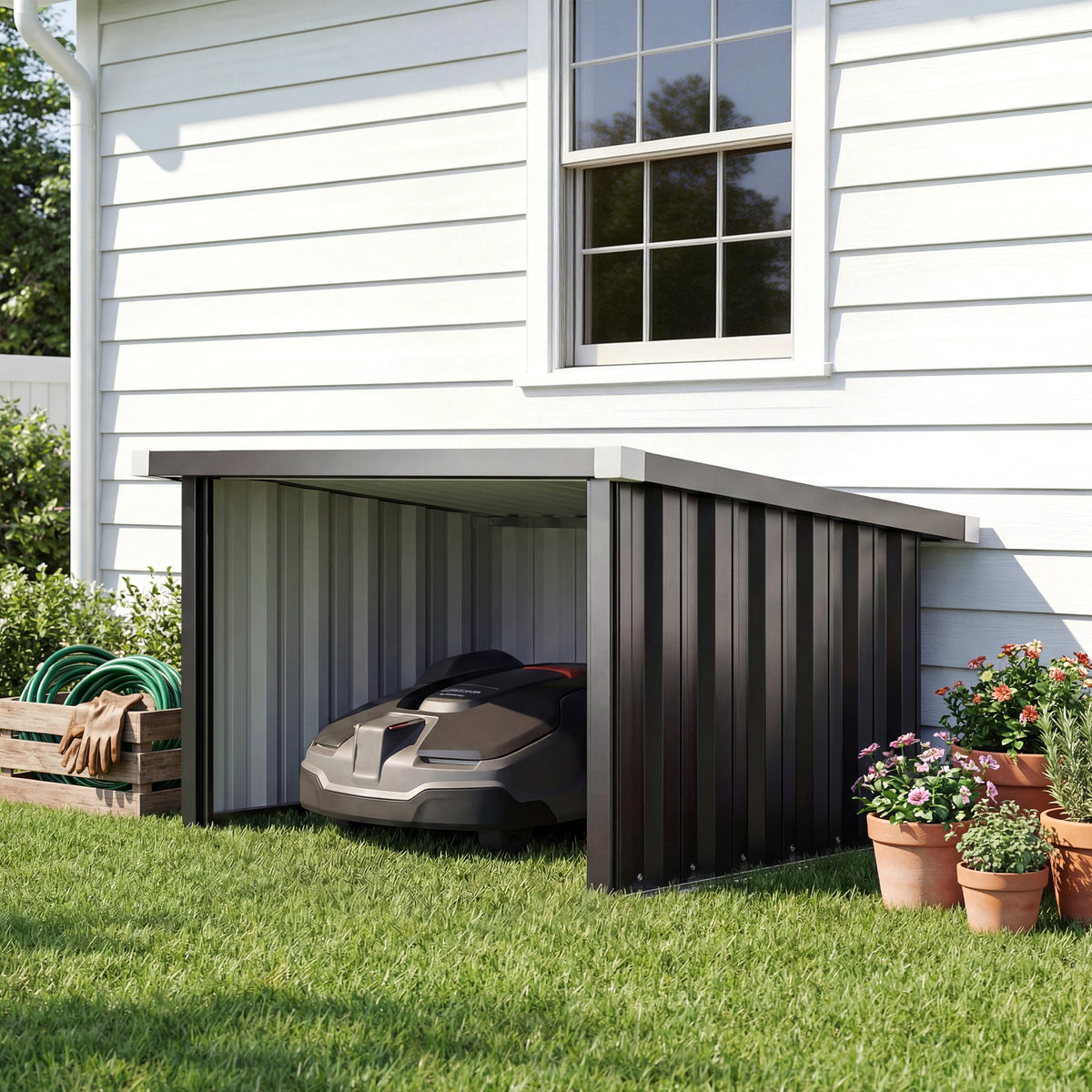Robotic lawn mower garage steel 108 x 86 x 62.5 cm robotic mower garage with pent roof protective edge (2)